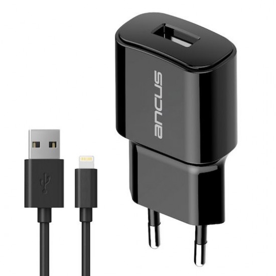 Φορτιστής Ancus C60 USB-A 5V / 2A 10W με Αποσπώμενο Καλώδιο Lightning 1m Μαύρος