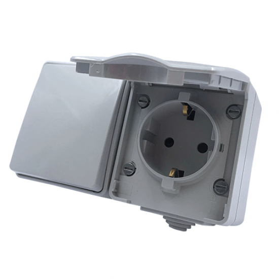 Army Διακ. Α/Ρ 1P 10AX 250VAC & Πρίζα Σούκο Ασφαλ 1x2P+E 16A 250VAC IP55 Επιτοιχ Οριζ Στεγάν Γκρι