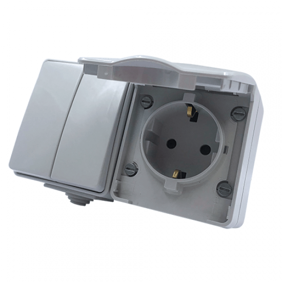 Army Διακ. Κ/Μ 1+1P 10AX 250VAC & Πρίζα Σούκο Ασφαλ. 1x2P+E 16A 250VAC IP55 Επιτ. Οριζον Στεγάν Γκρι