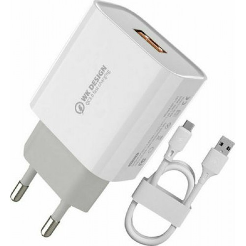 WK Φορτιστής QC3.0 (WP-U57) με Θύρα USB-A και Καλώδιο Lightning 18W Λευκός 