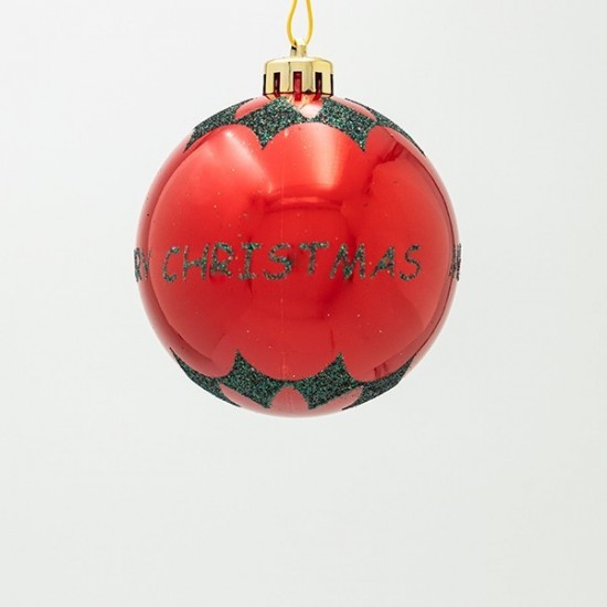 ΠΛΑΣΤΙΚΗ ΜΠΑΛΑ, ΚΟΚΚΙΝΗ, ΜΕ GLITTER MERRY CHRISTMAS, ΣΕΤ 6ΤΜΧ, 8cm