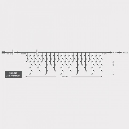 ΒΡΟΧΗ, 144 LED 3mm, 36V ΜΕΤΑΣΧΗΜΑΤΙΣΤΗ, 4 ΕΠΕΚΤΑΣΕΙΣ ΕΩΣ 3 ΣΕΤ,  ΔΙΑΦΑΝΟ PVC ΚΑΛΩΔΙΟ, ΛΕΥΚΟ LED (H60 x W300cm, 5/7/5/7), ΠΡΟΕΚΤΑΣΗ ΠΑΡΟΧΗΣ 3m, ΙΡ44