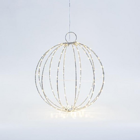 ΑΣΗΜΙ ΜΕΤΑΛΛΙΚΗ ΜΠΑΛΑ ΦΩΤΙΖΟΜΕΝΗ 30cm, 144 MINI LED, ΣΤΑΘΕΡΟΣ ΜΕΤΑΣΧΗΜΑΤΙΣΤΗΣ, ΑΣΗΜΙ ΧΑΛΚΙΝΟ ΚΑΛΩΔΙΟ, ΘΕΡΜΟ ΛΕΥΚΟ LED, ΠΡΟΕΚΤΑΣΗ ΠΑΡΟΧΗΣ 3m, IP44