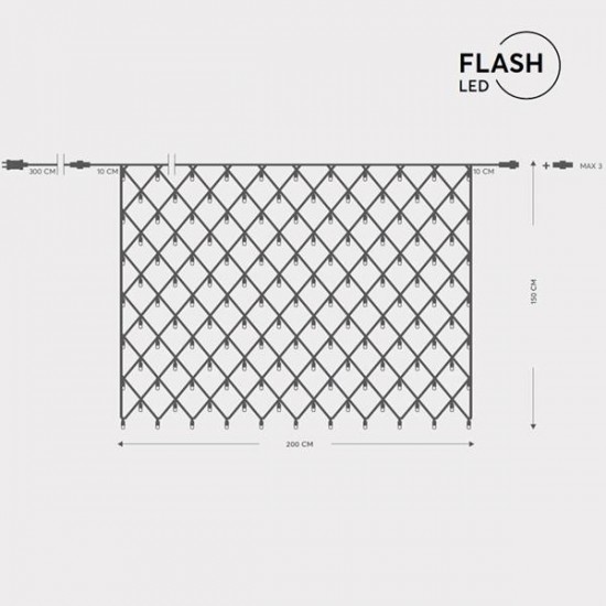 ΔΙΧΤΥ, 240 LED 3mm, 36V ΜΕΤΑΣΧΗΜΑΤΙΣΤΗ, 4 ΕΠΕΚΤΑΣΕΙΣ ΕΩΣ 3 ΣΕΤ, ΠΡΑΣΙΝΟ PVC ΚΑΛΩΔΙΟ, 216 ΘΕΡΜΟ ΛΕΥΚΟ + 24 ΛΕΥΚΑ FLASH LED (H150 x W200cm), ΠΡΟΕΚΤΑΣΗ ΠΑΡΟΧΗΣ 3m, ΙΡ44