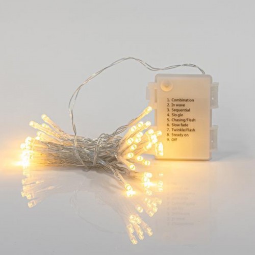 ΣΕΙΡΑ, 48 LED 3mm, ΜΠΑΤΑΡΙΑΣ 3xAA, 8 ΠΡΟΓΡΑΜΜΑΤΑ & ΜΝΗΜΗ, TIMER, ΔΙΑΦΑΝΟ PVC ΚΑΛΩΔΙΟ, ΘΕΡΜΟ ΛΕΥΚΟ LED ΑΝΑ 7,5cm, ΠΡΟΕΚΤΑΣΗ ΠΑΡΟΧΗΣ 50cm, IP44