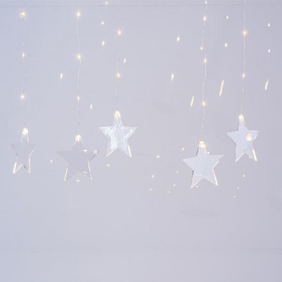 ΚΟΥΡΤΙΝΑ, 47 MINI LED, 4.5V ΜΕΤΑΣΧΗΜΑΤΙΣΤΗ, 7 ΑΚΡΥΛΙΚΑ ΑΣΤΕΡΙΑ, ΑΣΗΜΙ ΧΑΛΚΙΝΟ ΚΑΛΩΔΙΟ, ΘΕΡΜΟ ΛΕΥΚΟ LED (H80 x W120cm), ΠΡΟΕΚΤΑΣΗ ΠΑΡΟΧΗΣ 3m, IP44