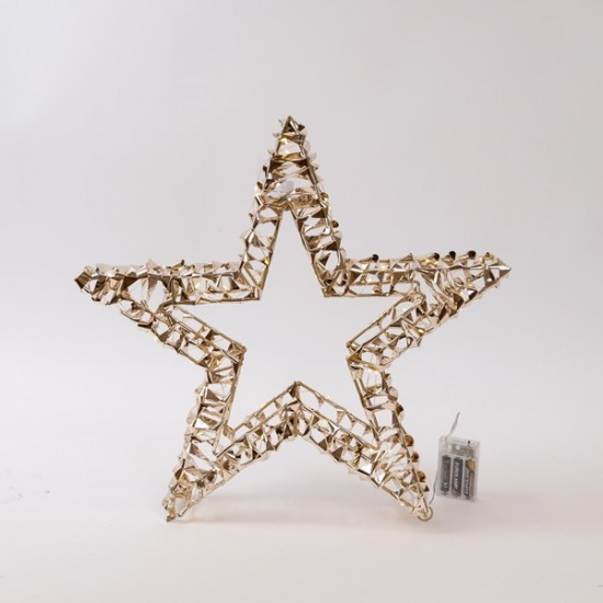 ΦΩΤΙΖΟΜΕΝΟ ΑΣΤΕΡΙ ΧΡΥΣΟ 38cm, 40 LED, ΜΠΑΤΑΡΙΑΣ 3XAA, TIMER, ΑΣΗΜΙ ΧΑΛΚΙΝΟ ΚΑΛΩΔΙΟ, ΘΕΡΜΟ ΛΕΥΚΟ LED, ΠΡΟΕΚΤΑΣΗ ΠΑΡΟΧΗΣ 30cm, IP20