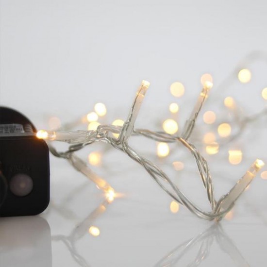 ΣΕΙΡΑ, 100 LED 3mm, 31V ΜΕΤΑΣΧΗΜΑΤΙΣΤΗ, 8 ΠΡΟΓΡΑΜΜΑΤΑ & ΜΝΗΜΗ, ΔΙΑΦΑΝΟ PVC ΚΑΛΩΔΙΟ, ΘΕΡΜΟ ΛΕΥΚΟ LED ΑΝΑ 5cm, ΠΡΟΕΚΤΑΣΗ ΠΑΡΟΧΗΣ 3m, ΙΡ44
