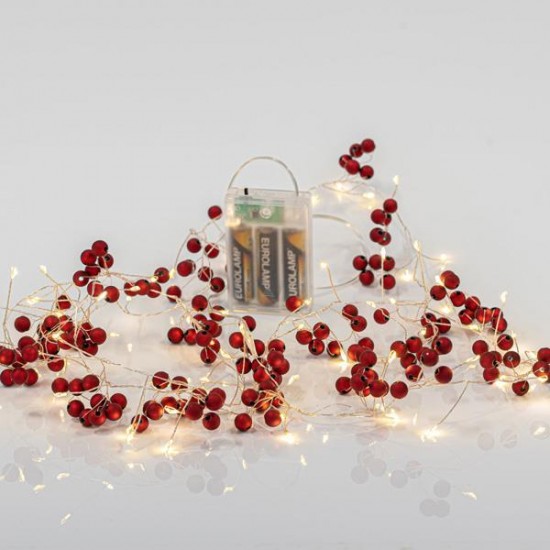 ΣΕΙΡΑ, 72 MINI LED, ΚΟΚΚΙΝΑ BERRIES 1.2cm, ΜΠΑΤΑΡΙΑΣ 3xAA, ΧΡΟΝΟΔΙΑΚΟΠΤΗ, ΑΣΗΜΙ ΧΑΛΚΙΝΟ ΚΑΛΩΔΙΟ, ΘΕΡΜΟ ΛΕΥΚΟ LED ΑΝΑ 10cm, ΠΡΟΕΚΤΑΣΗ ΠΑΡΟΧΗΣ 50cm, IP20
