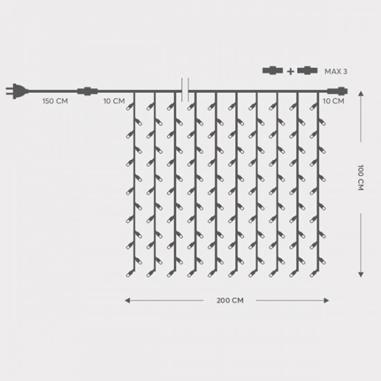 ΚΟΥΡΤΙΝΑ, 200 LED 5mm, 230V, 3 ΕΠΕΚΤΑΣΕΙΣ ΕΩΣ 5 ΣΕΤ, ΠΡΑΣΙΝΟ ΚΑΟΥΤΣΟΥΚ ΚΑΛΩΔΙΟ, ΘΕΡΜΟ ΛΕΥΚΟ LED (H100 x W200cm, 20 LINES x 10 LED), ΠΡΟΕΚΤΑΣΗ ΠΑΡΟΧΗΣ 1.5m ΙΡ65
