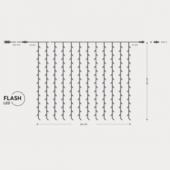 ΚΟΥΡΤΙΝΑ, 500 FLASH LED 5mm, 31V ΜΕΤΑΣΧΗΜΑΤΙΣΤΗ, 4 ΕΠΕΚΤΑΣΕΙΣ ΕΩΣ 3 ΣΕΤ, ΔΙΑΦΑΝΟ PVC ΚΑΛΩΔΙΟ, ΘΕΡΜΟ ΛΕΥΚΟ LED (H250 x L300cm, 20 ΣΕΙΡΕΣ x 25 LED), ΠΡΟΕΚΤΑΣΗ ΠΑΡΟΧΗΣ 3m, ΙΡ44