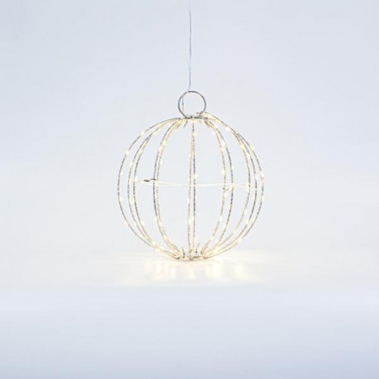 ΑΣΗΜΙ ΜΕΤΑΛΛΙΚΗ ΜΠΑΛΑ ΦΩΤΙΖΟΜΕΝΗ 20cm, 96 MINI LED, ΣΤΑΘΕΡΟΣ ΜΕΤΑΣΧΗΜΑΤΙΣΤΗΣ, ΑΣΗΜΙ ΧΑΛΚΙΝΟ ΚΑΛΩΔΙΟ, ΘΕΡΜΟ ΛΕΥΚΟ LED, ΠΡΟΕΚΤΑΣΗ ΠΑΡΟΧΗΣ 3m, IP44