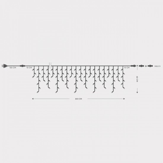 ΒΡΟΧΗ, 144 LED 5mm, 230V, 3 ΕΠΕΚΤΑΣΕΙΣ ΕΩΣ 8 ΣΕΤ, ΠΡΑΣΙΝΟ ΚΑΟΥΤΣΟΥΚ ΚΑΛΩΔΙΟ, ΛΕΥΚΟ LED (H60 x L300cm, 5/7/5/7), ΠΡΟΕΚΤΑΣΗ ΠΑΡΟΧΗΣ 1.5m, ΙΡ65