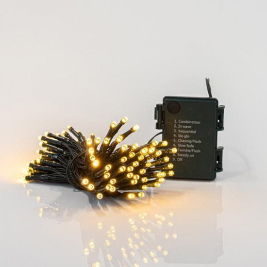 ΣΕΙΡΑ, 96 LED 3mm, ΜΠΑΤΑΡΙΑΣ 3xAA, ΜΕ ΠΡΟΓΡΑΜΜΑ & ΜΝΗΜΗ, TIMER, ΠΡΑΣΙΝΟ PVC ΚΑΛΩΔΙΟ, ΘΕΡΜΟ ΛΕΥΚΟ LED ΑΝΑ 7.5cm, ΠΡΟΕΚΤΑΣΗ ΠΑΡΟΧΗΣ 50cm, IP44