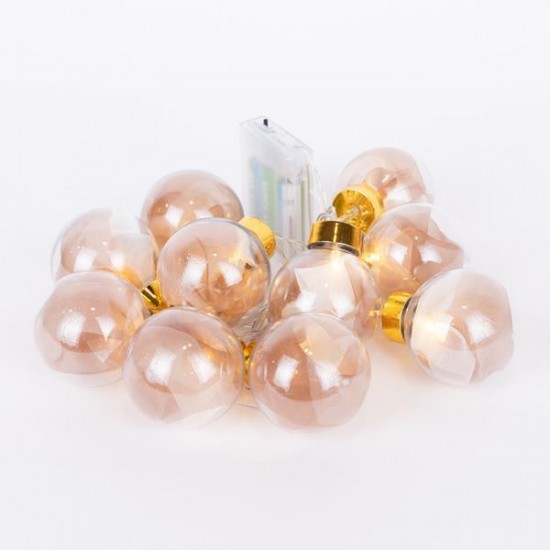 ΣΕΙΡΑ, 10 LED 5mm, ΔΙΑΚΟΣΜΗΤΙΚEΣ ΜΠΑΛΕΣ ΜΕ ΡΟΖ ΧΡΥΣΟ ΥΦΑΣΜΑ, ΜΠΑΤΑΡΙΑΣ 3ΧΑΑ, ΧΡΟΝΟΔΙΑΚΟΠΤΗ, ΘΕΡΜΟ ΛΕΥΚΟ LED ΑΝΑ 15cm,  ΔΙΑΦΑΝΟ PVC ΚΑΛΩΔΙΟ, ΠΡΟΕΚΤΑΣΗ ΠΑΡΟΧΗΣ 30cm, IP20