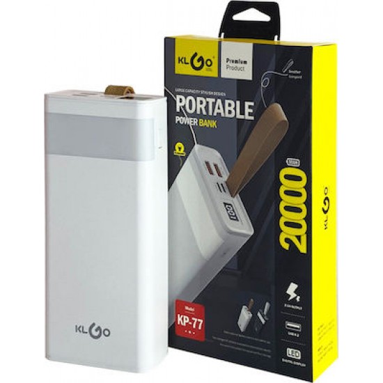 KLGO Power Bank 20000mAh KP-77 με 2 Θύρες USB-A Λευκό